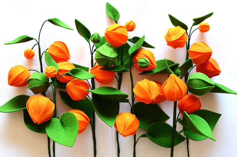 Physalis, 7 twigs, Gooseberry, Groundcherries, Greenery, Felt Flowers, Handmade Felt Flower, Felt kit, Orange bouquet image 3