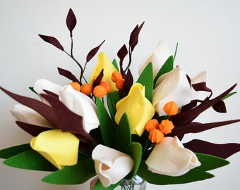 Chocolate and Vanilla, Milky tulips and brown leaves, Bouquet, DIY Felt Flower, Handmade, Creativity Set, Roll Your Own or Ready Bouquet