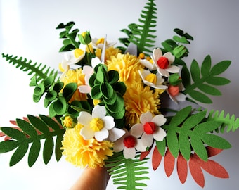 Yellow Carnations, Phloxes, Greens, Fern, Felt Flowers, Handmade Flowers, Faux flowers, Ready Bouquet, Yellow flowers, Artificial flowers