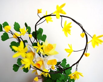 Yellow Spiral, Ikebana, Japanese Bouquet, Daffodils, Forsythia, Fern, Spring, Felt Flowers, Handmade, Artificial flowers