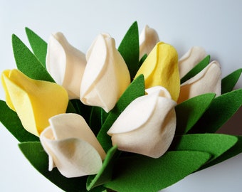 Ivory Tulips, 9 flowers, Felt Flowers, Handmade, Artificial Bouquet, Flower arrangement, Spring
