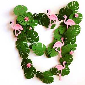 Flamingos and Monstera Felt Garland, Tropical Greenery, Liana, Banner, Jungle Party, Handmade Flowers & Leaves