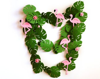 Flamingos and Monstera Garland, Tropical Greenery, Liana, Felt, Banner, Jungle Party, Felt Leaves, Handmade Flowers, Photo prop, Backdrop