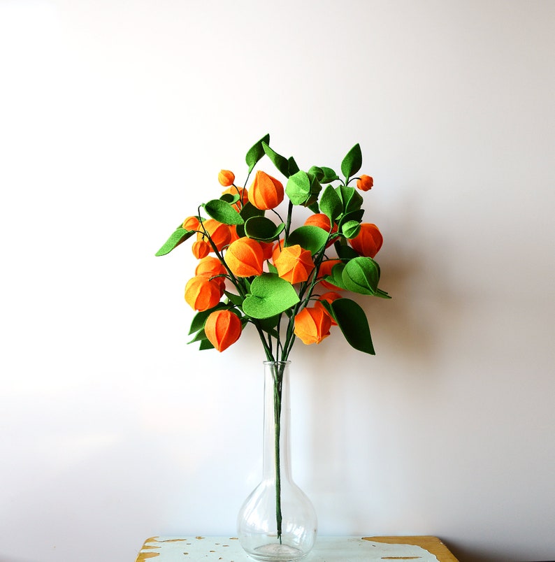 Physalis, 7 twigs, Gooseberry, Groundcherries, Greenery, Felt Flowers, Handmade Felt Flower, Felt kit, Orange bouquet image 8