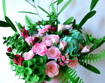 Mint Artichokes,  Pink Roses, Fern, Olive, Greenery, Felt Flowers, Handmade, Table centerpiece, Artificial bouquet
