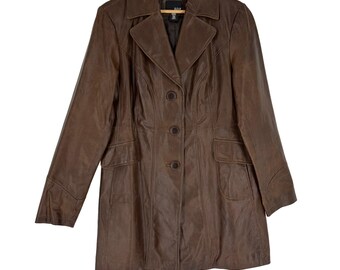 May include: A brown leather jacket with a button-up front and a long, fitted silhouette.