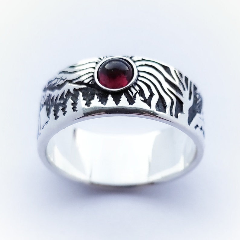 High Detail Sterling Silver Engagement Ring Mountain Scenery for Man Woman Custom Made Pomegranate Wedding Rings engraved initials.