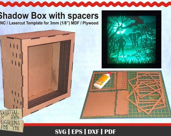 Shadow box with spacers, cnc or laser cut template for 3mm (1/8&quot;) mdf or plywood. Light box with spacers template, shadow box glowforge svg.