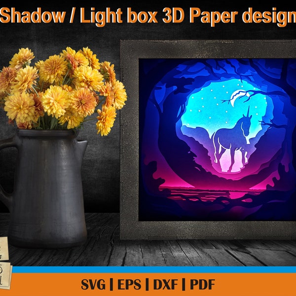 Enchanted Forest Unicorn- 3D Paper Cut Template, Light Box SVG, 3D Shadow Box SVG, 3D Light box template, Digital Download Files, glowforge Enchanted Forest Unicorn- 3D Paper Cut Template, Light Box SVG, 3D Shadow Box SVG, 3D Light box template, Digital Download Files, glowforge