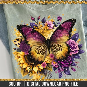 May include: A light green t-shirt with a butterfly design. The butterfly has yellow and purple wings, surrounded by sunflowers and purple roses. The text "Digital & SVG Designs for You" is in the lower left corner. The text "300 DPI | DIGITAL DOWNLOAD PNG FILE" is at the bottom.