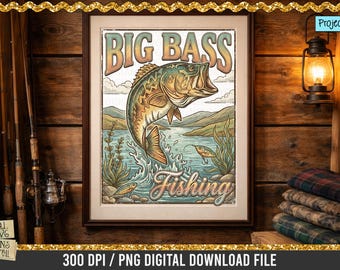 Big Bass Fischen PNG, Vintage Bass Fisch Illustration, Retro Fischen Shirt Design, See Fischer Grafik, Fischen png, Seetage png