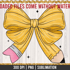 May include: A yellow pencil bow with pink eraser, drawn in a cartoon style. The bow is made of a yellow pencil with a pink eraser. The bow is on a white wood background.