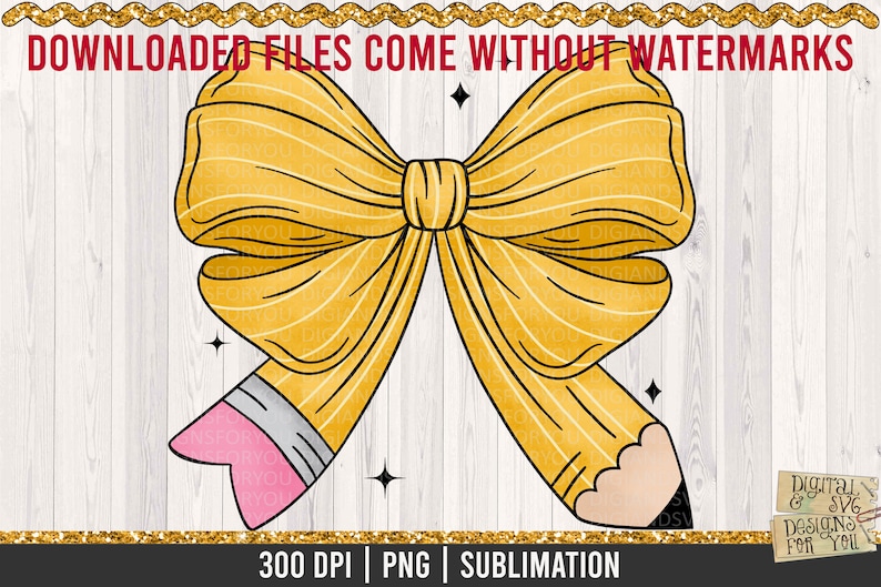 May include: A yellow pencil bow with pink eraser, drawn in a cartoon style. The bow is made of a yellow pencil with a pink eraser. The bow is on a white wood background.