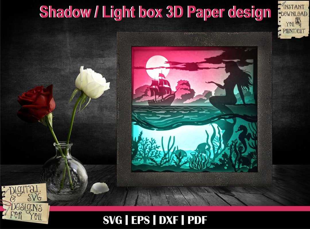 Mermaid 2 - 3D Shadow Box Template, Light Box SVG, 3D Shadow Box SVG ...