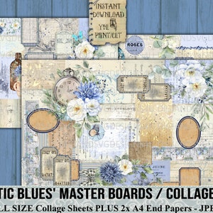 Blues Romántico, Hojas de Collage, Shabby, Vintage, Master Board, Rosas, Imprimible, Kit Digital, Diario Basura, Álbum de Recortes, Papel, Papercraft
