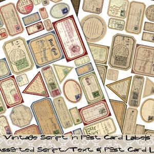 May include: A set of 80 vintage-style script and text post card labels. The labels are in various shapes and sizes, with a variety of fonts and designs. The labels are printed on a white background.
