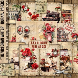 El escritor victoriano, diario basura, vintage, pluma y botella de tinta, rosas rojas, cartas manuscritas, imprimible victoriano, palabras, citas