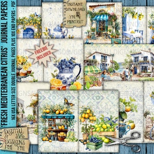 Cítricos mediterráneos frescos, artículos de revistas, limones, limas, frutas cítricas, pastel de limón, azul, amarillo, Grecia, viajes, DigiAndSVGDesigns4U