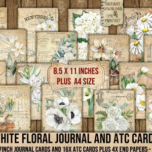 White Flowers, Journal Cards, ATC, Ephemera, Embellishment, Floral, Vintage, Planner, Scrapbook, Decoupage, Printable, DigiAndSVGDesigns4U