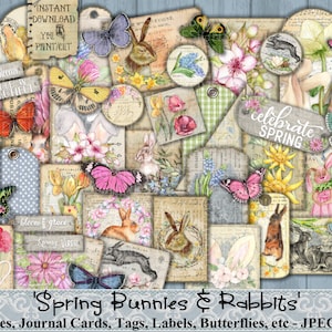 Frühling, Ostern, Hasen, Kaninchen, Vintage, Ephemera, Journal, Planer, Schmetterlinge, Tulpen, Blumen, Papier, Kit, Scrapbooking, Printable