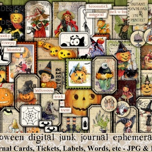 Halloween, coisas efêmeras, enfeite, para impressão, vintage, etiquetas, selos, cartão postal, palavras, lixo eletrônico, kit, folha de colagem, decupagem