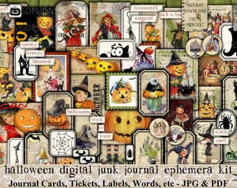 Puede incluir: Un kit de efímeras de diario digital con un tema de Halloween. El kit incluye imágenes de calabazas, brujas, gatos, murciélagos y otras imágenes de Halloween. Las imágenes son de estilo vintage y son perfectas para el scrapbooking, la creación de tarjetas y otras manualidades de papel. El kit incluye archivos JPG y PDF.