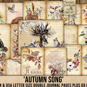 Canção de outono, Junk Journal, Floresta, Pássaros, Animais, Flores, Cogumelos, Música, Folha de colagem, Álbum de recortes, Para impressão, DigiAndSVGDesigns4U