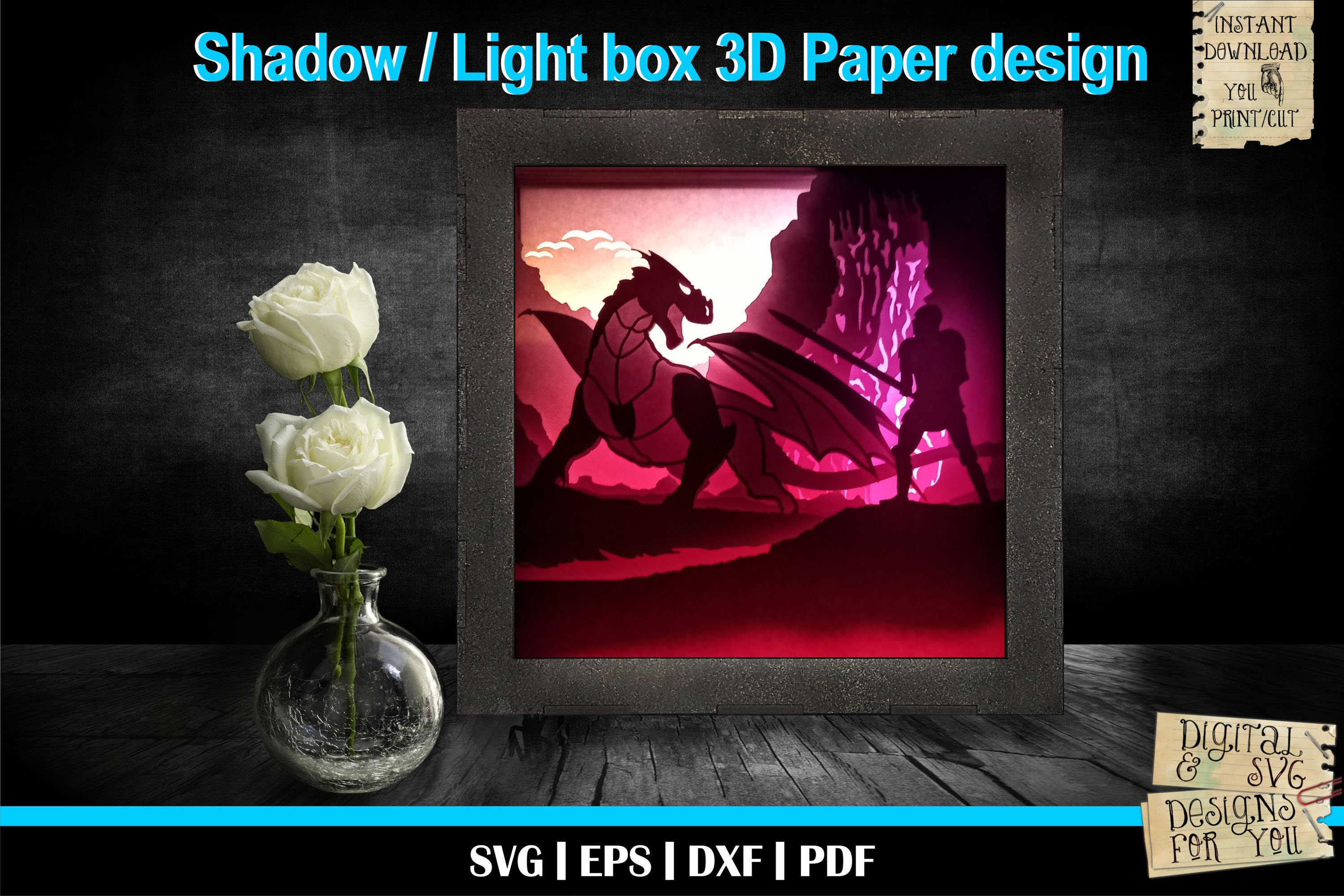 Dragon slayer 2 - 3D Paper Cut Template, Light Box SVG, 3D Shadow Box SVG, 3D Light box template, Knight and dragon svg, glowforge laser svg