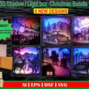 3D Christmas Bundle Vol 2 - Shadow box templates, 3D Light Box, Santa Claus svg, Xmas svg, 3D Santa svg, Santa&#39;s reindeer, 3D Christmas svg