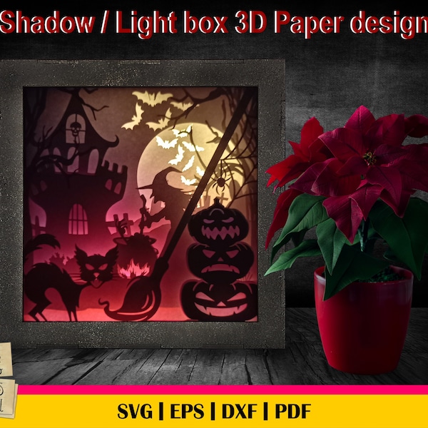Halloween 4 - 3D Paper Cut Template, Light Box SVG, 3D Shadow Box SVG, 3D Light box template, Digital Download Files, Witch full moon svg