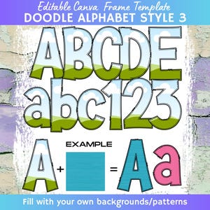 May include: A digital design template with a doodle alphabet style. The design features the letters A, B, C, D, E, a, b, c, and numbers 1, 2, 3, with a sky and grass theme. The text "Editable Canva Frame Template" is at the top.