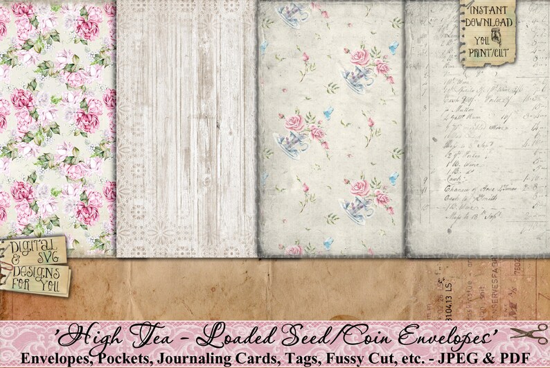 Seed Umschläge, Tasche, High Tea, Rosen, Shabby, Vintage, Verschönerung, Junk Journal, Papier, Tags, Schmetterlinge, Ephemera, printable Bild 7