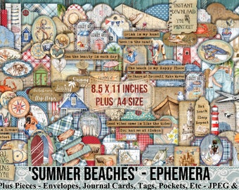 Summer, Beach, Ephemera, Embellishment, Seaside, Vacation, Journal, Envelope, Tag, Journal Card, Planner, Collage Sheet, Scrapbook