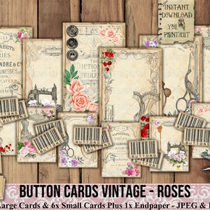 Button Cards, Vintage, Roses, Shabby, Labels, Tags, Lace, Ribbon, Sewing, Organizing, Storage, Ephemera, Printable, Journal, Embellishment