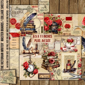 Escritor victoriano, Vintage, Tablero maestro, Hoja de collage, Plumas, Tintero, Carta manuscrita, Rosas rojas, Imprimible, Diario, Álbum de recortes