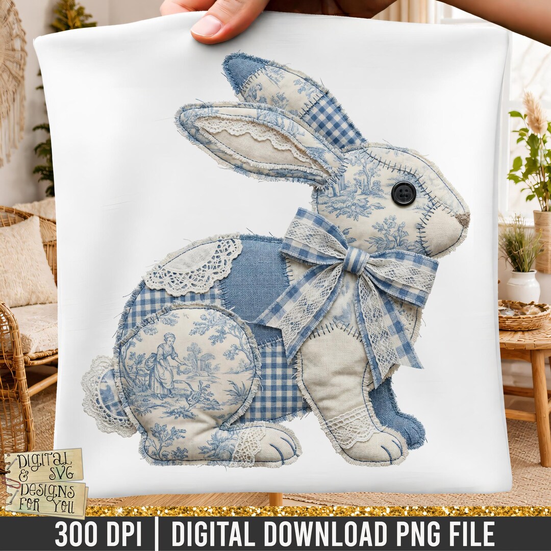 Blue Toile Faux Patchwork Bunny PNG, Vintage Chinoiserie Bunny, Spring ...