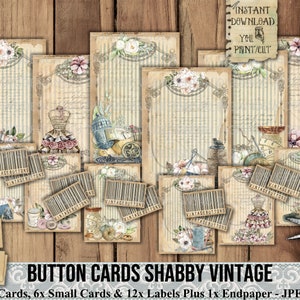 Knopkaarten, Shabby, Vintage, Etiketten, Tags, Kant, Lint, Kaarten, Dagboek, Naaien, Organiseren, Opslag, Efemere, Afdrukbare, Versiering