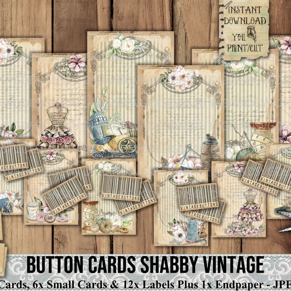 Button Cards, Shabby, Vintage, Labels, Tags, Lace, Ribbon, Cards, Journal, Sewing, Organizing, Storage, Ephemera, Printable, Embellishment