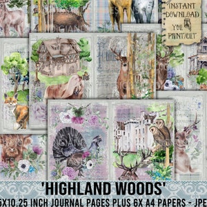 Highland Woods, Scottish, Junk Journal, Stag, Animals, Tartan, Castle, Anemones, Collage Sheet, Scrapbook, Printable, DigiAndSVGDesigns4U