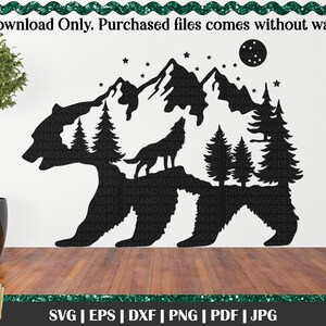 Silhouette Bear SVG, Bear Mountain, Howling Wolf svg, bear in the woods, Pine Trees, Full moon svg, Wilderness svg, full moon wolf image 5