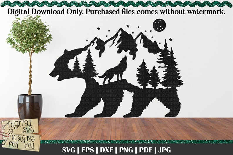 Silhouette Bear SVG, Bear Mountain, Howling Wolf svg, bear in the woods, Pine Trees, Full moon svg, Wilderness svg, full moon wolf image 5