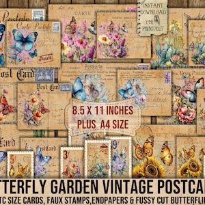 Jardin des papillons, vintage, Cartes postales, Cartes ATC, Éphémères, Papillons, Fleurs, Script, Fussy Cut, Journal, Scrapbooking, Cartes, Imprimable