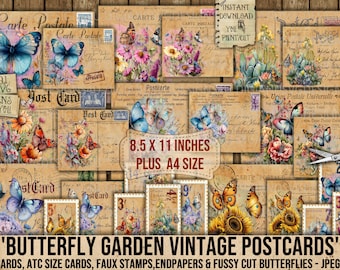 Butterfly Garden, Vintage, Postcards, ATC Cards, Ephemera, Butterflies, Flowers, Script, Fussy Cut, Journal, Scrapbooking, Cards, Printable