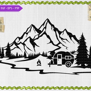 Forest Camper svg, png, eps, dxf, mountain svg, camping clipart, trees svg, Outdoors cutfile, wallart svg, Caravan svg, Camp scene cut file