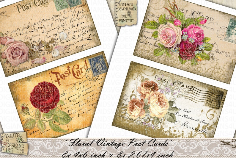 May include: Four vintage floral post cards with handwritten text and floral designs. The cards are 4x6 inches and 2.67x4 inches.