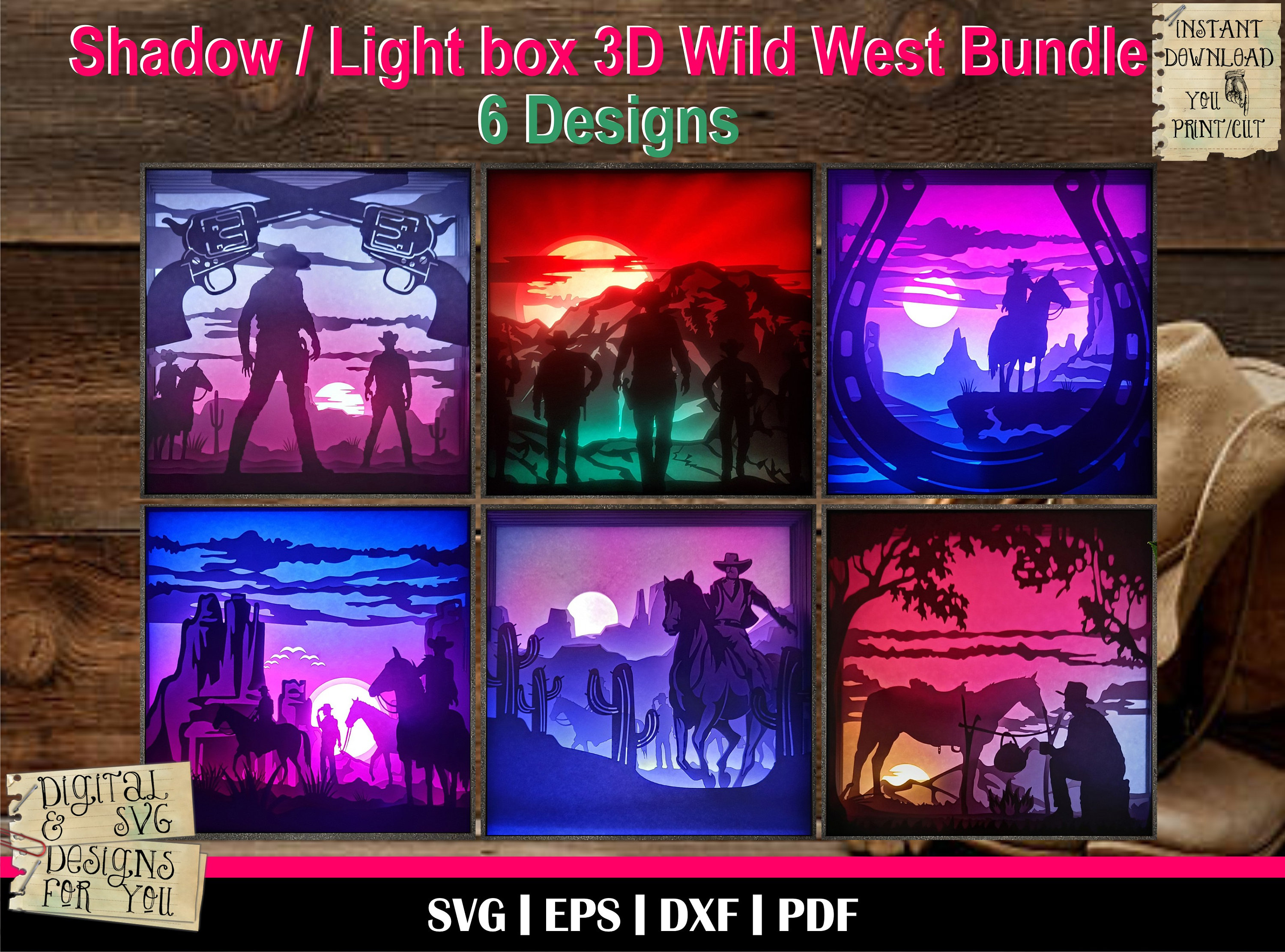 Wild West Bundle | 3D Light box svg | Cowboys 3D Paper template, Light Box, 3D Light box template, Wild west svg, Gunfight svg, cowboy svg