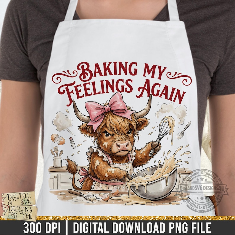 Highland cow design with a pink bow and apron, whisking batter. Maroon text says "BAKING MY FEELINGS AGAIN". The apron is a digital download PNG file.