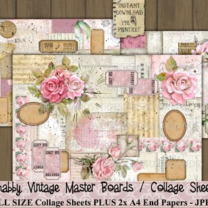 Shabby, Vintage, Tablero Maestro, Hoja de Collage, Rosas, Imprimible, Kit Digital, Diario Basura, Papel, Álbum de Recortes, Papercraft, DigiandSVGDesigns4U