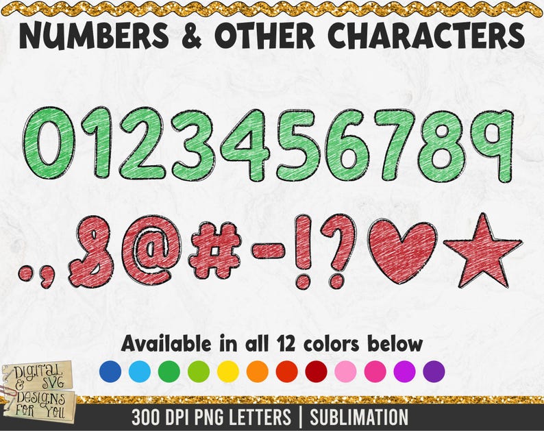 Pu&ograve; includere: Un set di lettere e numeri PNG da 300 DPI in uno stile disegnato a mano. I numeri da 0 a 9 sono mostrati in verde, e altri caratteri includono l'ampersand, la chiocciola, il cancelletto, il trattino, il punto esclamativo, il punto interrogativo, il cuore e la stella. I caratteri sono disponibili in 12 colori.