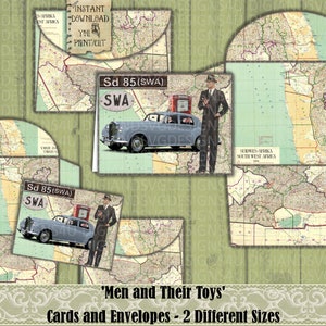 May include: A set of printable cards and envelopes featuring a vintage map of South West Africa with a blue car and a man in a suit. The text "Sd 85 (SWA)" and "SWA" are visible on the cards. The text "Men and Their Toys" is visible at the bottom of the image.